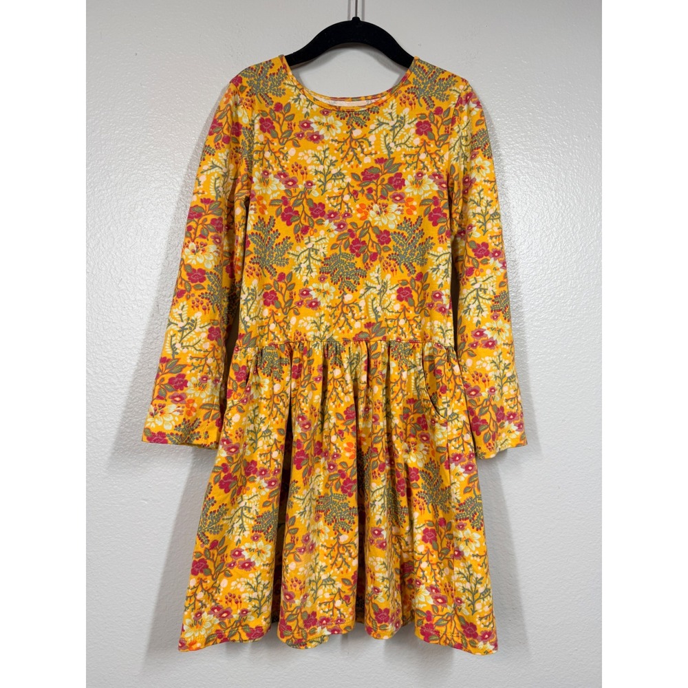 Garnet Hill Kids Dress Girls M Yellow Floral Green Cotton Organic Long Sleeve